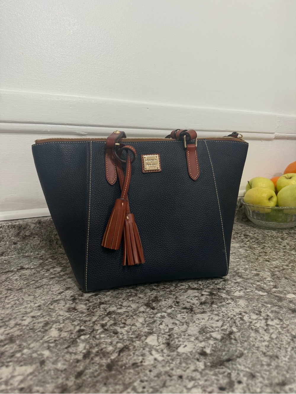 Dooney & Bourke Navy Pebble Leather Tote with Brown Trim and Tassels